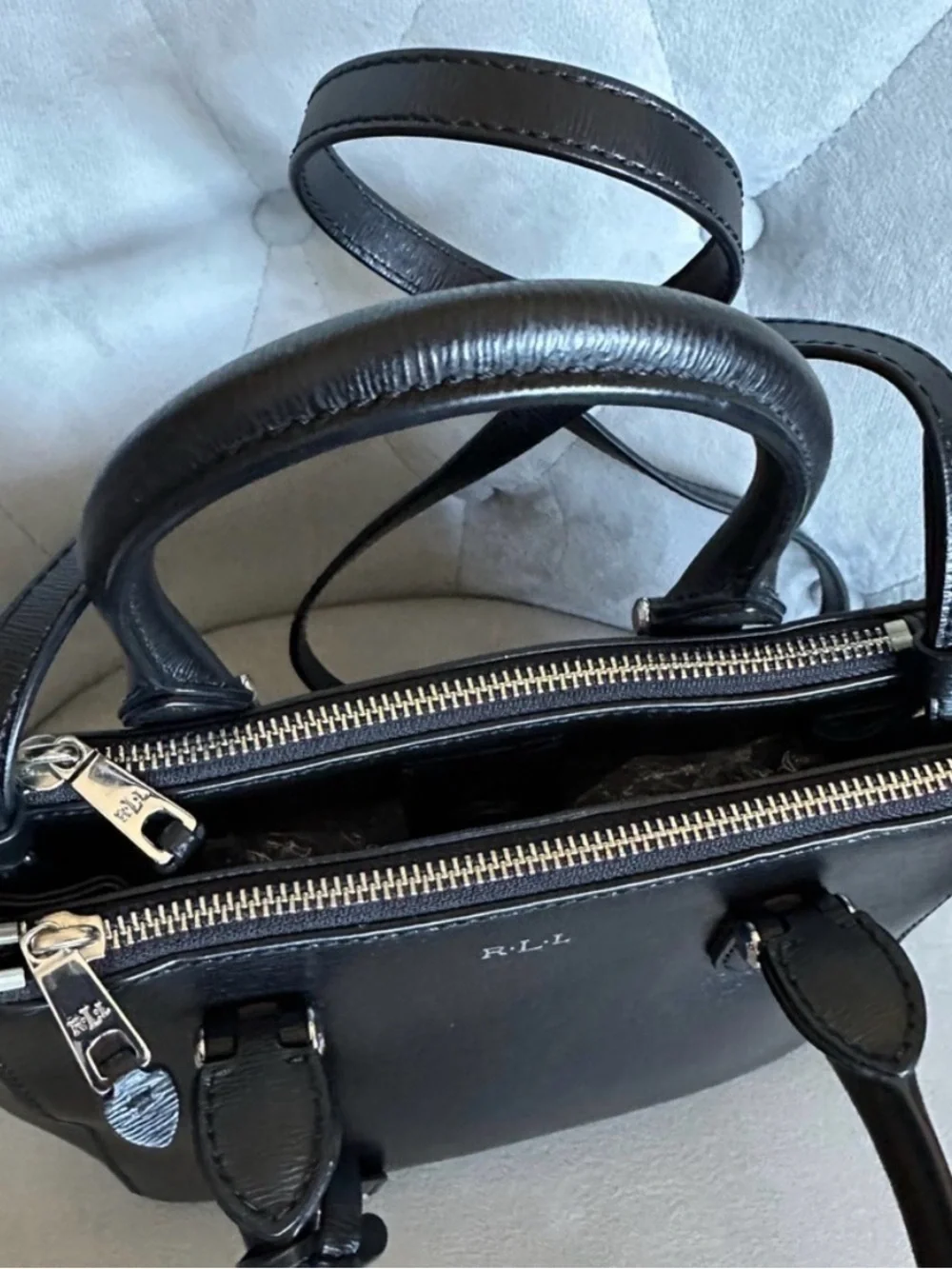 RALPH LAUREN NEWBERY DOUBLE ZIP SATCHEL BAG IN BLACK STRUCTURED LEATHER